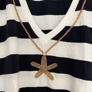 Starfish Gold Beaded V-Neck Nautical Stripes Stripe Cotton Tee Shirt Top L